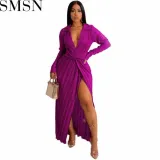 Plus Size Dress Europe and America sexy slit dress Amazon autumn and winter New V neck long sleeve pleated dress
