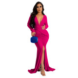 Plus Size Dre Amazon European and American fashion solid color and V neck long sleeve dress