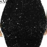 Casual Dress new pure color sequins sexy V neck brace midi dress for women