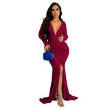 Plus Size Dre Amazon European and American fashion solid color and V neck long sleeve dress