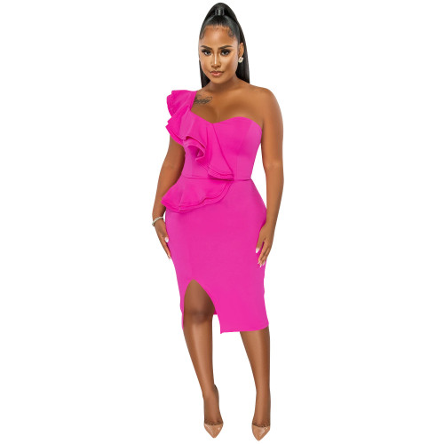 Plus Size DressFashion casual ruffled split one shoulder sleeve dress