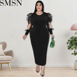Plus Size Dress fall women clothing wholesale round neck long sleeve hit net dress