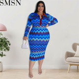 Plus Size Dress European and American long sleeve collar printed open tube fashion dress
