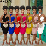 Plus Size Dress fashion pure color halter wrapped chest sleeveless cold shoulder dress