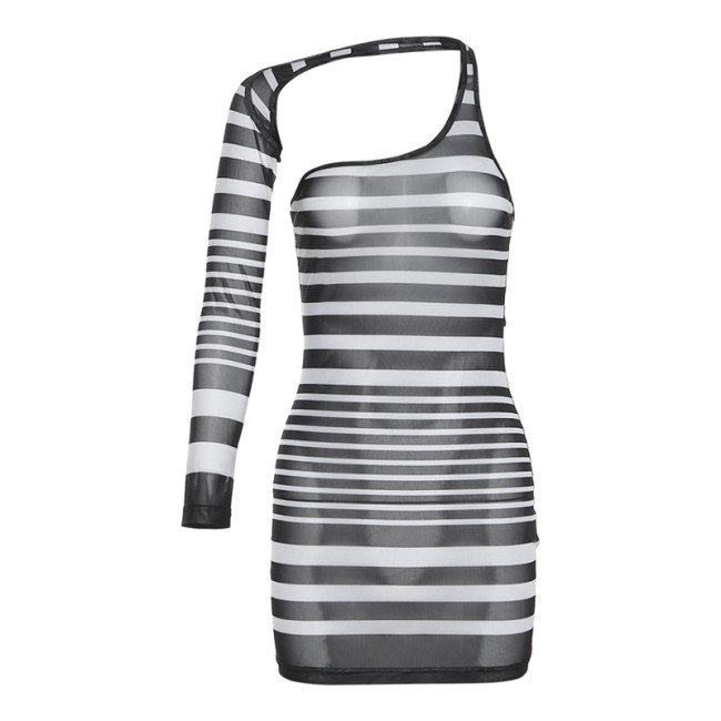 One Shoulder Sexy Mesh Stripe Slim Fit Wrap Hip Dress
