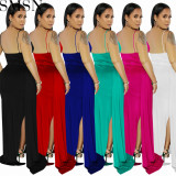 Plus Size Dress European and American sling solid color side drag side open dress for women