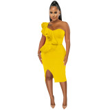 Plus Size DressFashion casual ruffled split one shoulder sleeve dress