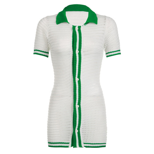 Polo Collar Contrasting Color Single-Breasted Short-Sleeved Shirt Dress Sexy Hollow Woolen Skirt