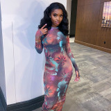 Round Neck Long Sleeve Finger Mesh Printing Casual Long Dress For Women