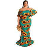 Plus Size Dress 2022 Summer Sunflowers Leaf Printed Sexy Tight Dress
