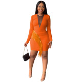 Plus Size Dress nightclubs rhinestone mesh see through sexy tassel hip wrapped mid length skirt dress