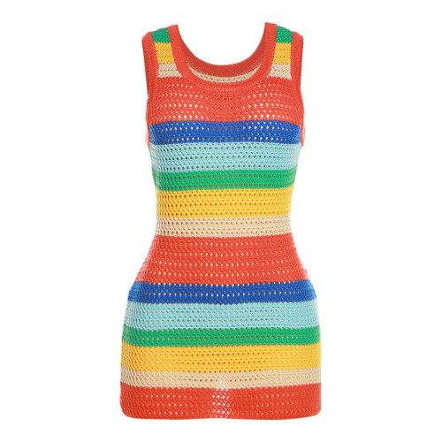 Hollow Knit High Waist Contrasting Color Slim Sleeveless Package Hip Dress