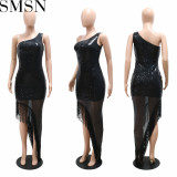 Plus size dress Amazon women fringe skirt dress irregular slit skirt