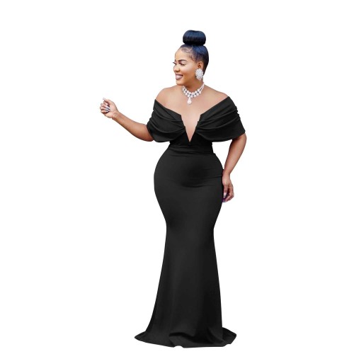 Solid Off Shoulder Deep V Open Back Fishtail Dress