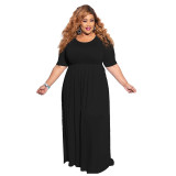 Fashion women dress solid color round neck loose casual plus size dress