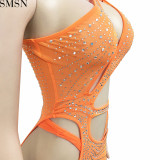 Sexy solid color women's clothing rhinestone mesh shoulder hollow dress plus size casual dress