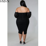 Plus Size Dress autumn new large size women dress skinny mesh pleated long sleeve one step dress