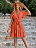 Casual Women'S Solid Color V-Neck Waistband Pleated Dress