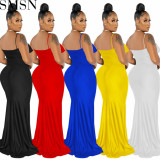 Plus Size Dress European and American fashion women wear suspender pleated wrapped chest solid color dress