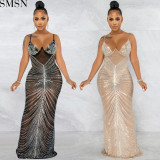 Plus Size Dress new hot rhinestone sexy spaghetti straps chest wrap mesh see-through maxi dress