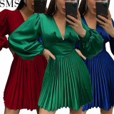 Plus Size Dress Amazon New Autumn and Winter Long Sleeve Pleated Satin Satin A  line High Waist Dress