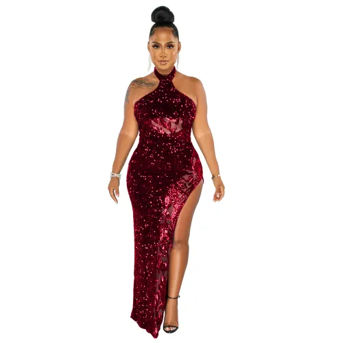 Plus Size Dress Amazon Sequin See-through Solid Color Sleeveless Halter Dress
