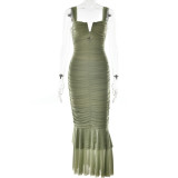 Fashionable Sleeveless Tight Pleated Fishtail Dress