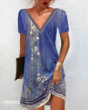 National Style Printed Casual V-Neck Short Sleeve Dress