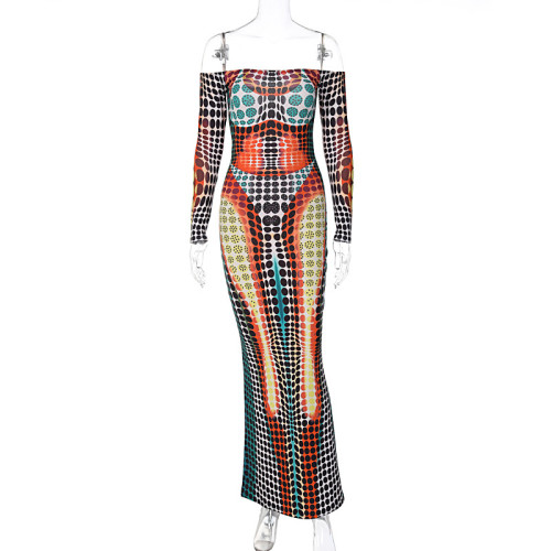 Women'S Characteristic False One-Word Neck Splicing Long-Sleeved Slim-Fit Swing Skirt Dress