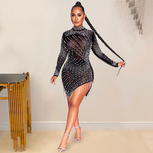 Fashion dress for women sexy nightclub mesh see-through hot rhinestone bubble bead tassel round-neck long-sleeved dress
