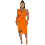 Plus Size DressFashion casual ruffled split one shoulder sleeve dress