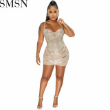 Casual Dress Amazon nightclubs hot rhinestone sexy see through wrapped chest midi dress