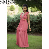 Plus size dress Amazon Quality Dress Sexy Deep V Lace up Wooden Ear Ruffled Vest Dress