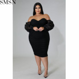 Plus Size Dress autumn new large size women dress skinny mesh pleated long sleeve one step dress