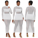 Plus Size Dress Amazon Popular Sexy Solid Color Mesh Stitching Long Sleeves Dress