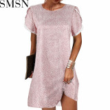 Casual Dress 2022 summer round neck short sleeve loose lace edge ladies floral dress