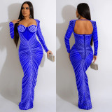 Women'S Hot Diamond Mesh Long Sleeved Long Skirt Dress