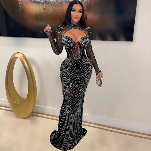 Plus Size Dress Europe and America cross border Women see through slim fit rhinestone dress