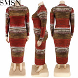 Plus Size Dress European and American fall women clothing wholesale supply long sleeve horizontal stripe dress