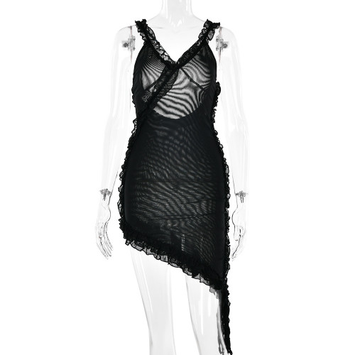 V-Neck Suspender Dress Women'S Fashion Sexy Backless Stitching Lotus Leaf Skirt