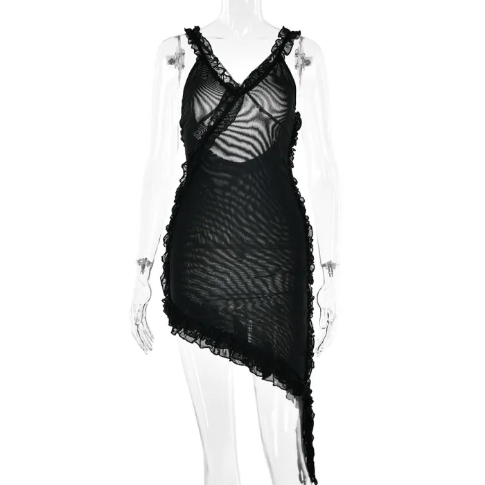 V-Neck Suspender Dress Women'S Fashion Sexy Backless Stitching Lotus Leaf Skirt