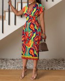V-Neck Buttocks Wrapped Printed Dress For Women