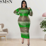 Plus Size Dress European and American fall women clothing wholesale supply long sleeve horizontal stripe dress