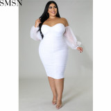 Plus Size Dress autumn new large size women dress skinny mesh pleated long sleeve one step dress