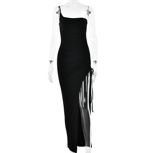 Single Strap Pleated Tight Backless Long Dress