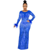 Rhinestone mesh see through long dress women lady luxury formal party evening dress