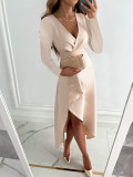 Long Sleeved V-Neck Pleated Hem Slit Dress