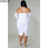 Plus Size Dress autumn new large size women dress skinny mesh pleated long sleeve one step dress