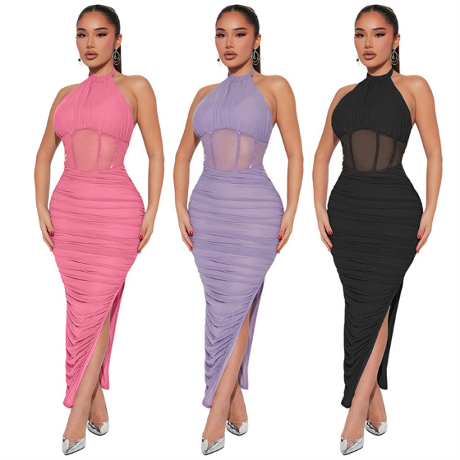 Dresses Women Halter Neck Sleeveless Mesh Double Slit Sexy Evening Dress