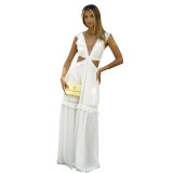 Plus size dress Amazon Quality Dress Sexy Deep V Lace up Wooden Ear Ruffled Vest Dress